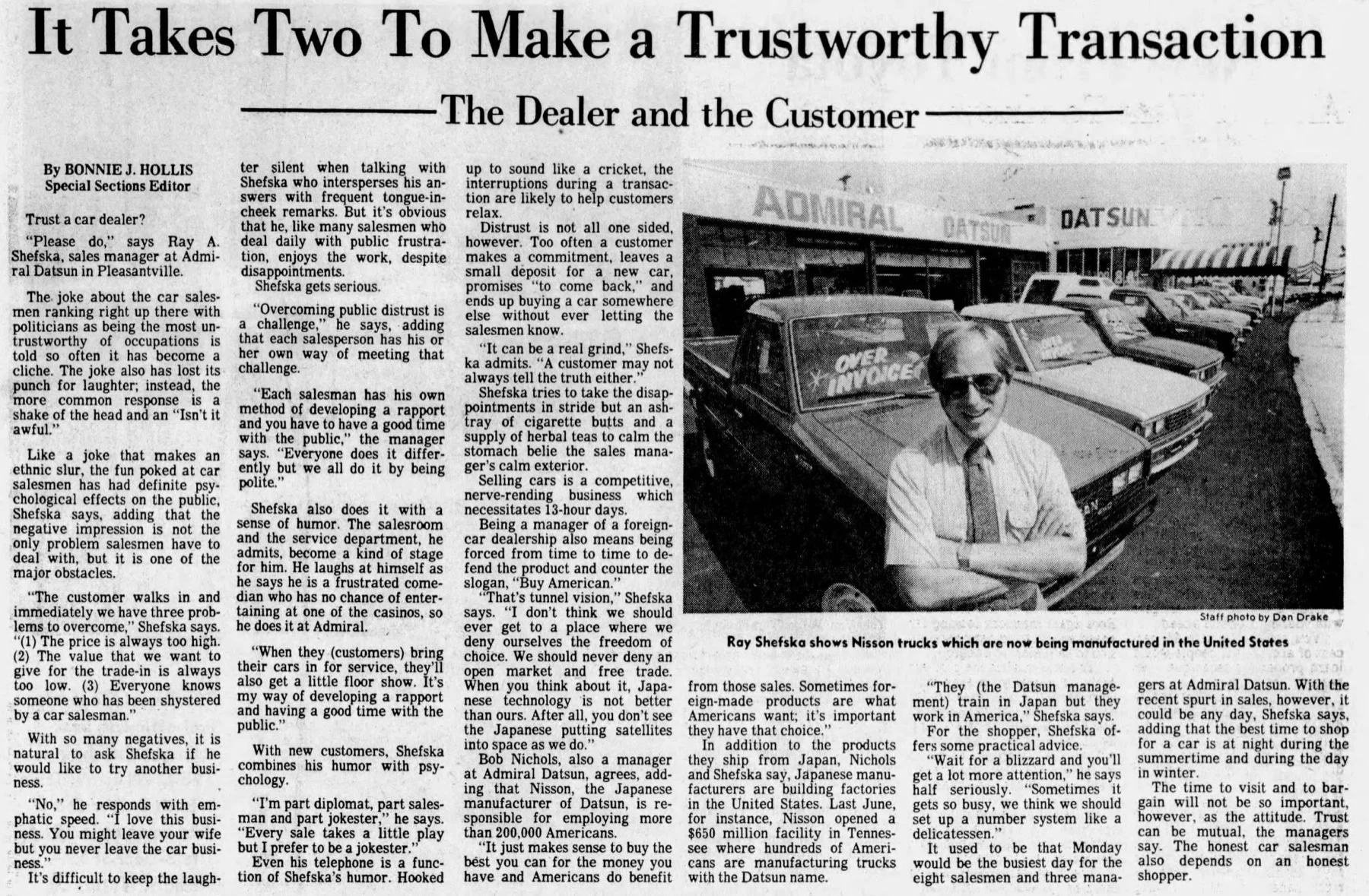 A 1983 article in The Press of Atlantic City headlined 'It Takes Two To Make a Trustworthy Transaction,' featuring a young Ray Shefska